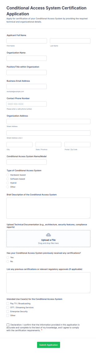 Conditional Access System Certification Application Form Template