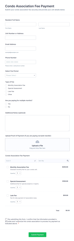 Condo Association Fee Payment Form Template