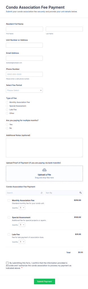 Condo Association Fee Payment Form Template