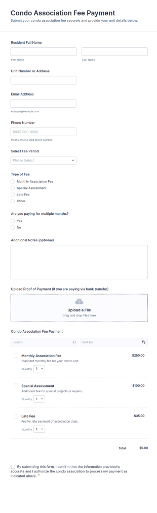 Condo Association Fee Payment Form Template