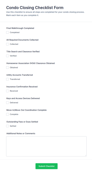 Condo Closing Checklist Form Template