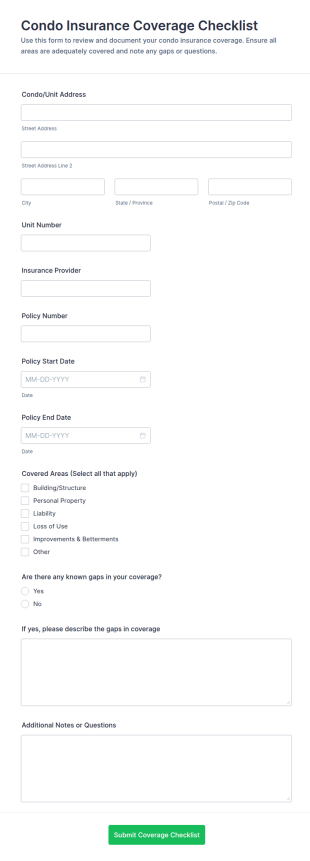 Condo Insurance Coverage Checklist Form Template