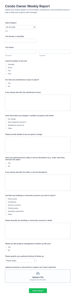 Condo Owner Weekly Report Form Template