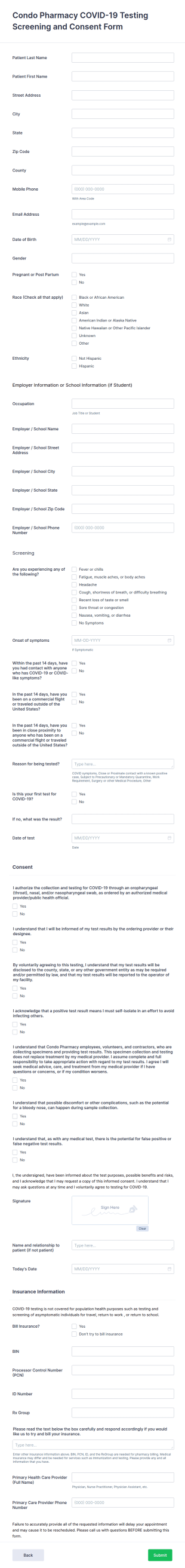 Condo Pharmacy COVID 19 Testing Screening And Consent Form Template