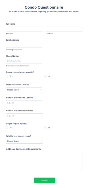 Condo Questionnaire Form Template