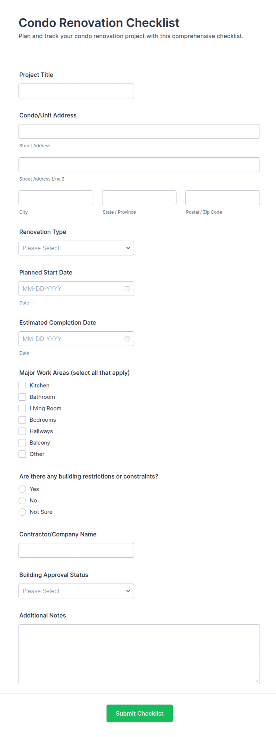 Contract Form Template.pdf Condo Renovation Checklist Form Template | Jotform