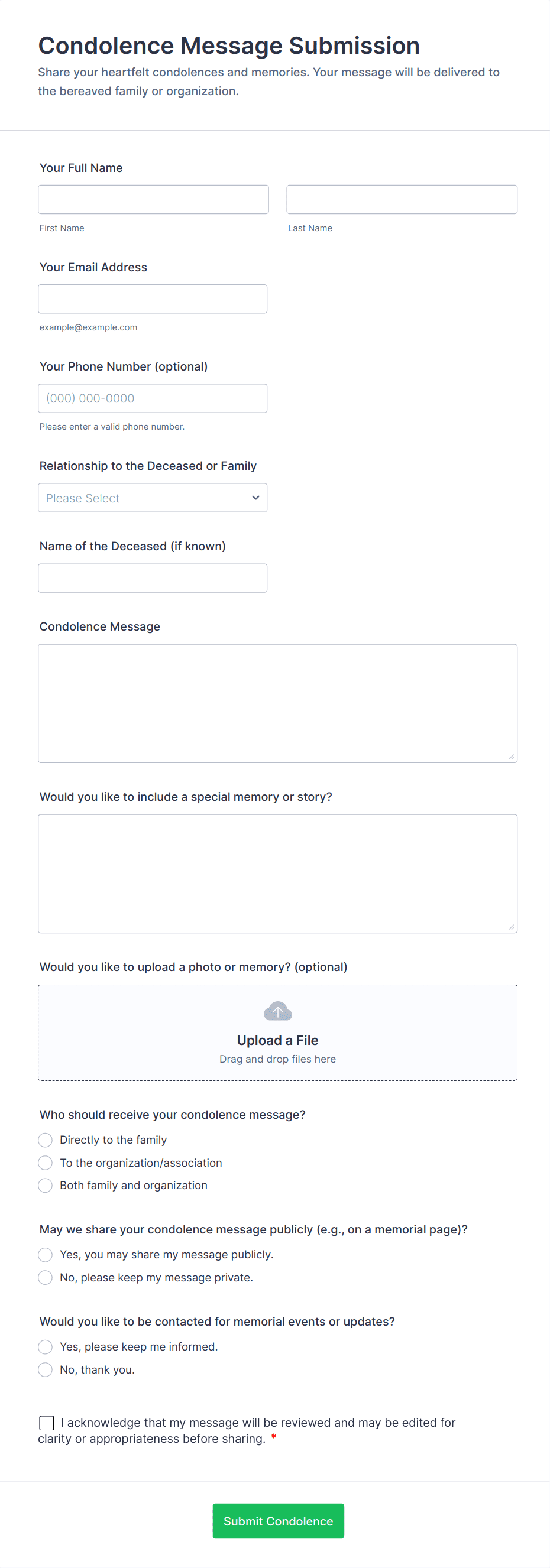Condolence Message Submission Form Template | Jotform