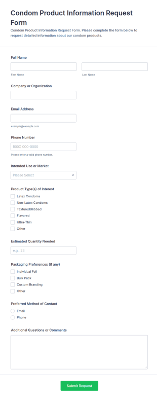 Condom Product Information Request Form Template