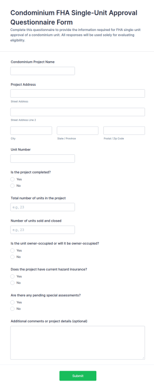 Condominium FHA Single Unit Approval Questionnaire Form Template