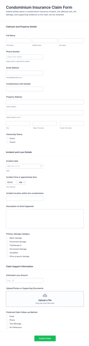 Condominium Insurance Claim Form Template