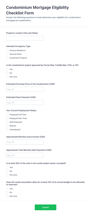 Condominium Mortgage Eligibility Checklist Form Template