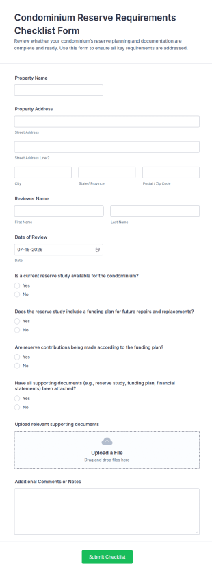 Condominium Reserve Requirements Checklist Form Template
