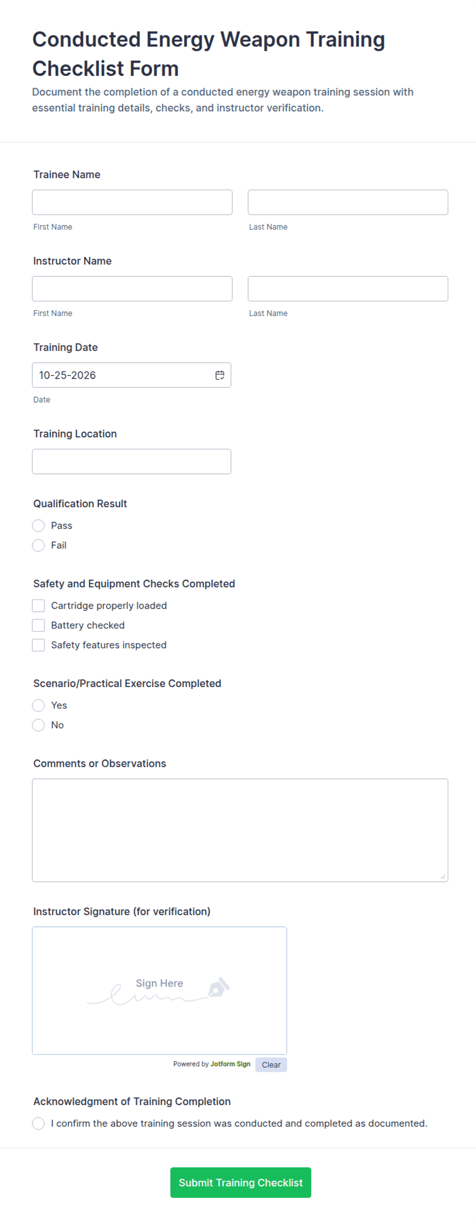 Workout Checklist.pdf Conducted Energy Weapon Training Checklist Form Template | Jotform
