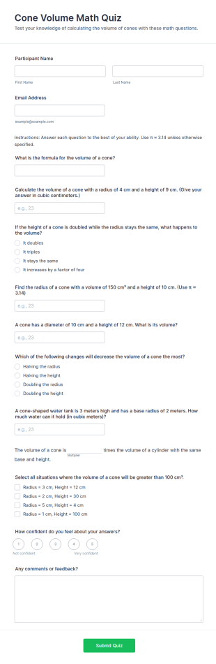 Cone Volume Math Quiz Form Template