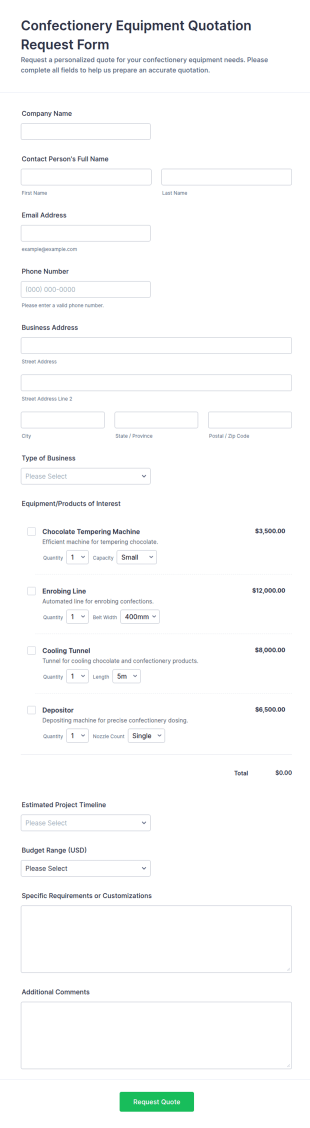 Confectionery Equipment Quotation Request Form Template