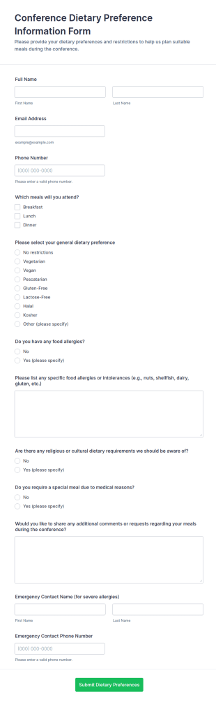 Conference Dietary Preference Information Form Template