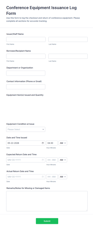 Conference Equipment Issuance Log Form Template