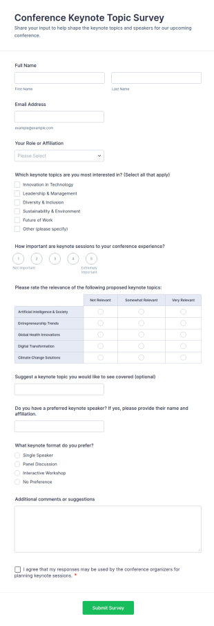 Conference Keynote Topic Survey Form Template