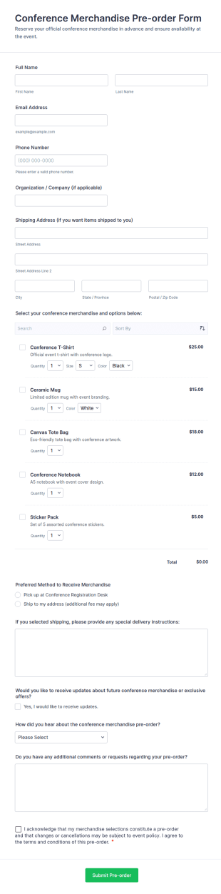 Conference Merchandise Pre Order Form Template