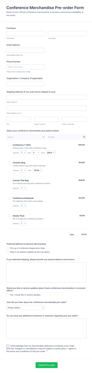 Conference Merchandise Pre Order Form Template