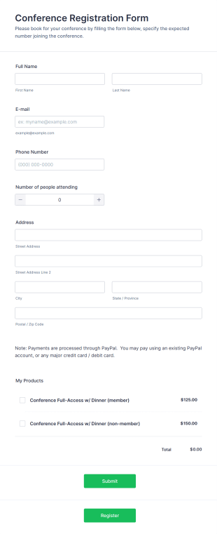 Conference Registration Form With Payment PayPal Standard Form Template