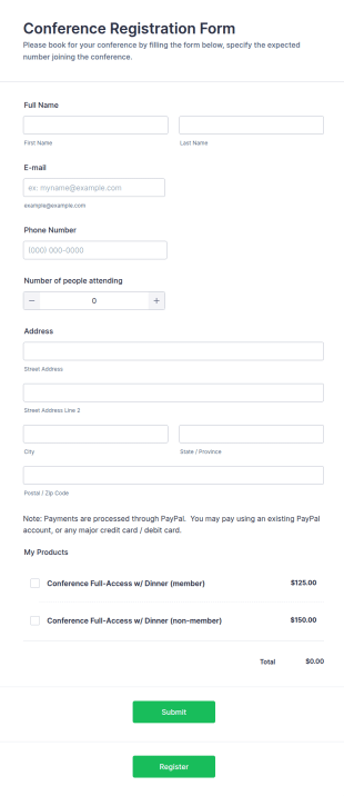 Conference Registration Form With Payment PayPal Standard