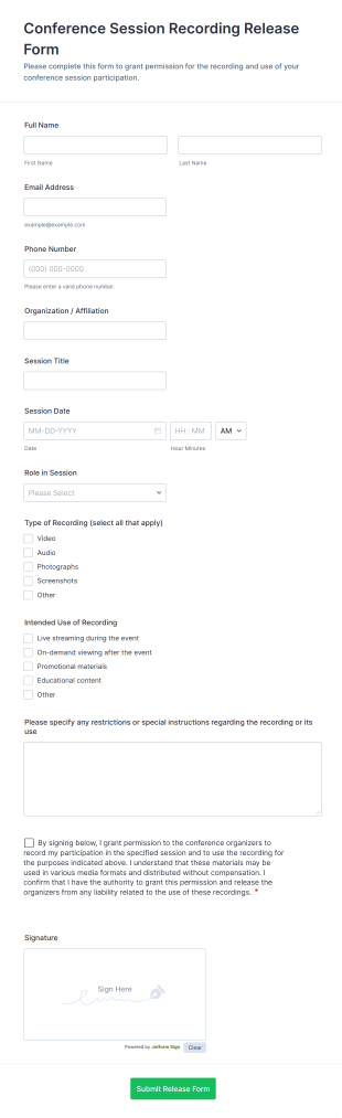 Conference Session Recording Release Form Template