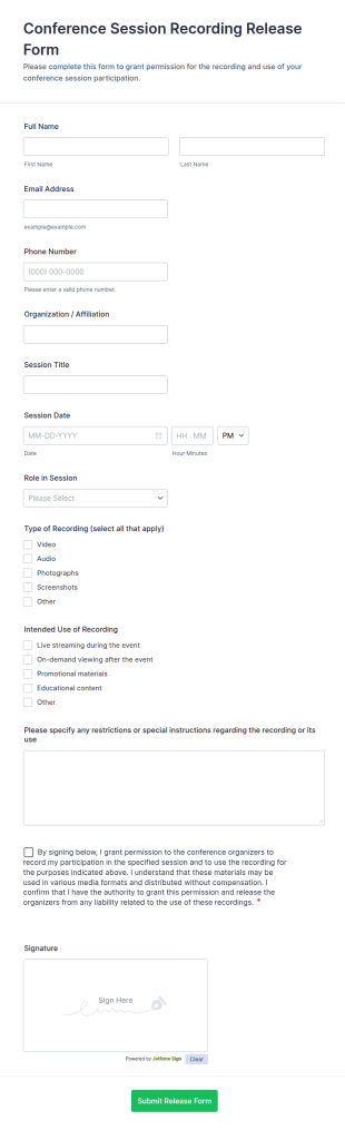 Conference Session Recording Release Form Template