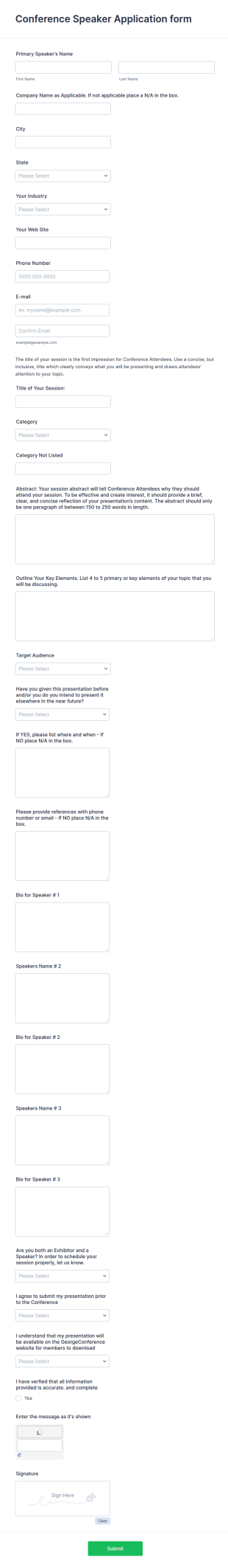 Conference Speaker Application Form Template