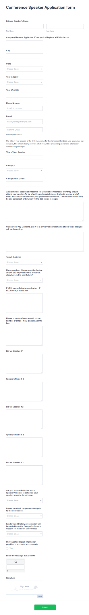 Conference Speaker Application Form Template