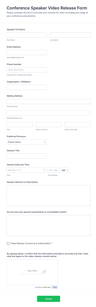 Conference Speaker Video Release Form Template