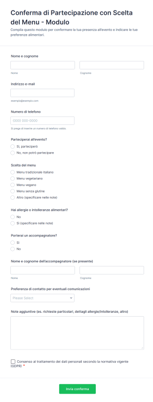 Conferma Di Partecipazione Con Scelta Del Menu Modulo