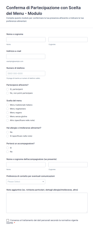 Conferma Di Partecipazione Con Scelta Del Menu Modulo