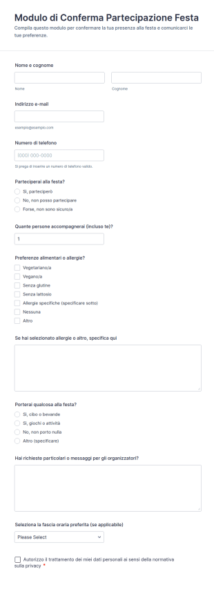 Modulo Di Conferma Partecipazione Alla Festa