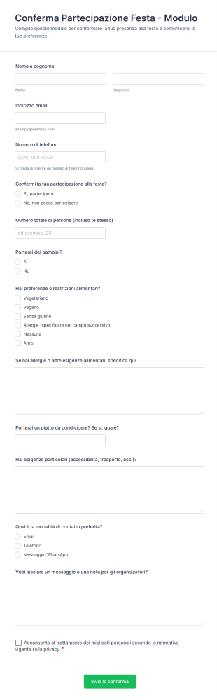 Modulo Di Conferma Partecipazione Alla Festa