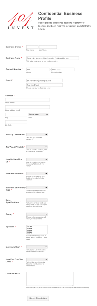 Confidential Business Profile Registration Form Template