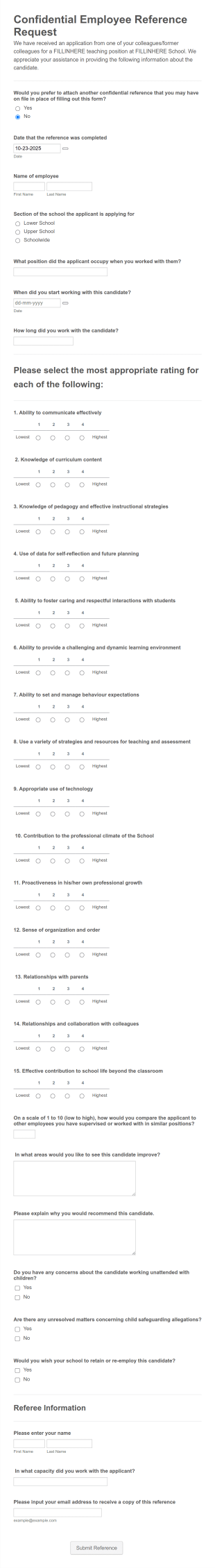 Confidential Employee Reference Request Form Template