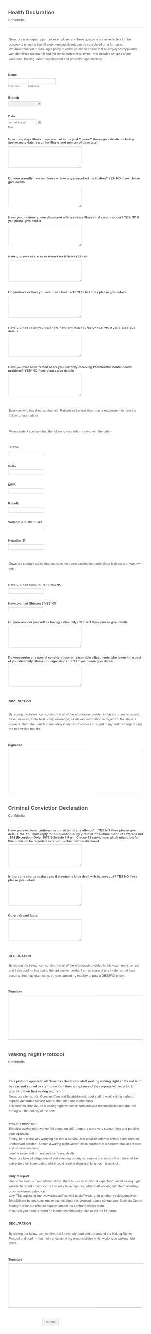 Confidential Health Declaration Form Template