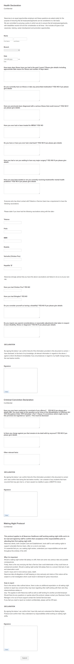 Confidential Health Declaration Form Template