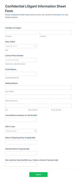 Confidential Litigant Information Sheet Form Template