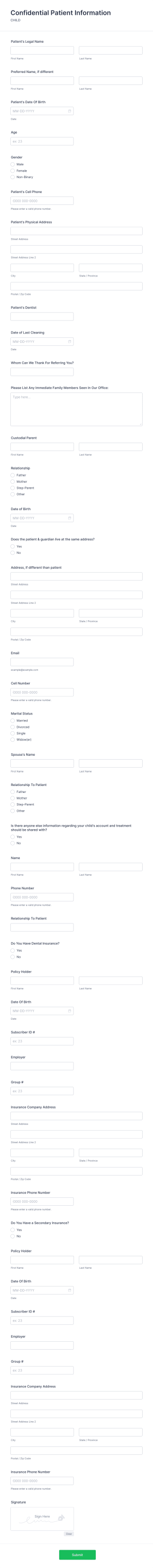 Confidential Patient Information Form Template