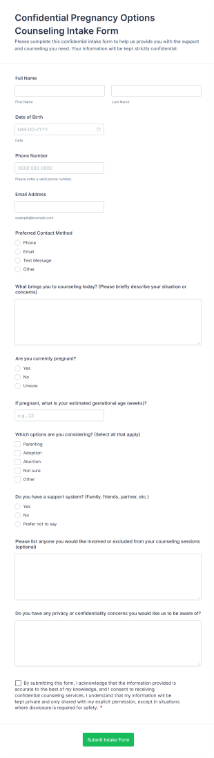 Confidential Pregnancy Options Counseling Intake Form Template