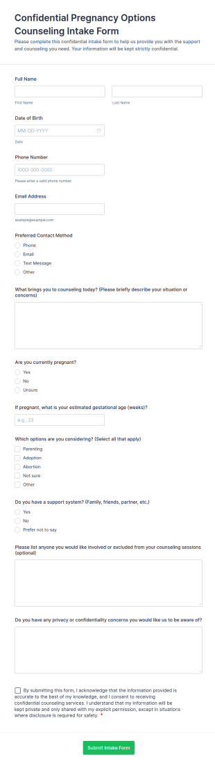 Confidential Pregnancy Options Counseling Intake Form Template