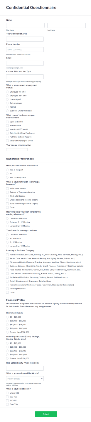 Confidential Questionnaire Form Template