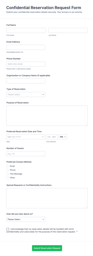 Confidential Reservation Request Form Template