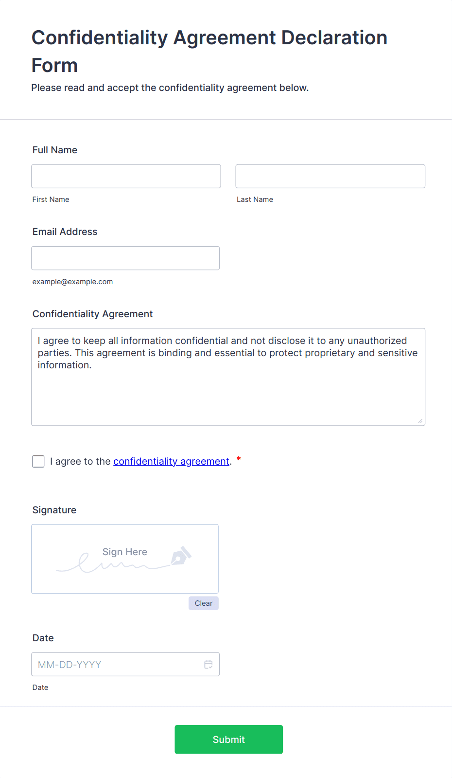 Confidentiality Agreement Declaration Form Template | Jotform