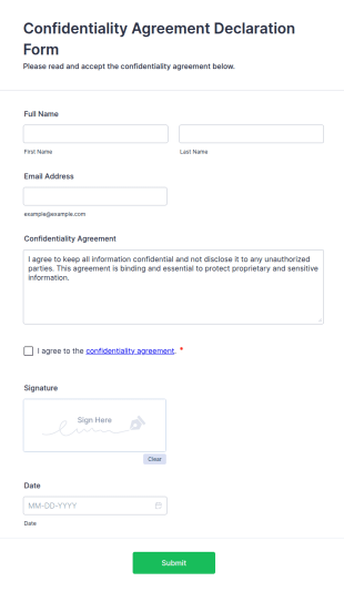 Confidentiality Agreement Declaration Form Template