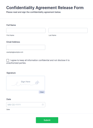 Confidentiality Agreement Release Form Template