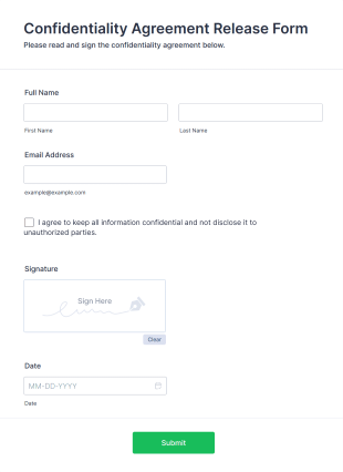 Confidentiality Agreement Release Form Template