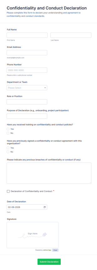 Confidentiality And Conduct Declaration Form Template